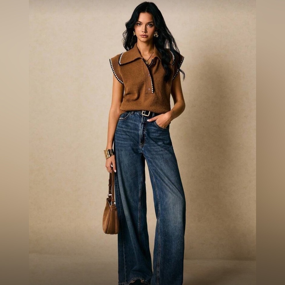 Brown Sleeveless Knit Top with Button Details - Picture 2 of 9